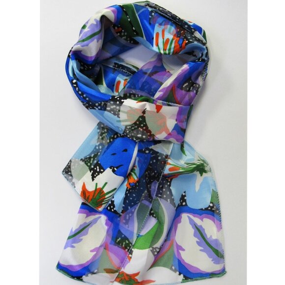 Long Silk Feel Blue Multicolor Scarf Floral Flower Print - Picture 3 of 4
